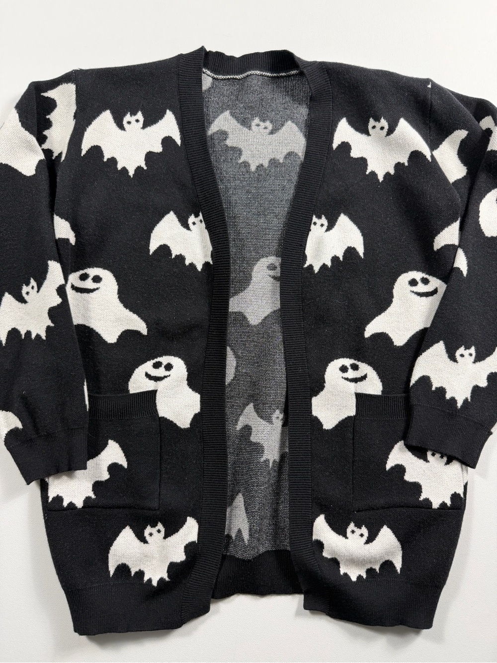 Halloween Ghost Bat Cardigan 13 Teen Spooky Goth Whimsigoth Black White Sweater